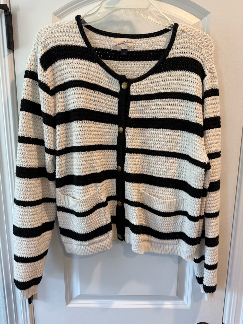 Crochet Stripe Button-Front Sweater Cardigan - Black & Cream - Large